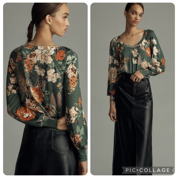 New medium Anthropologie Tiny long sleeve scoop neck raglan top green floral - Picture 11 of 17